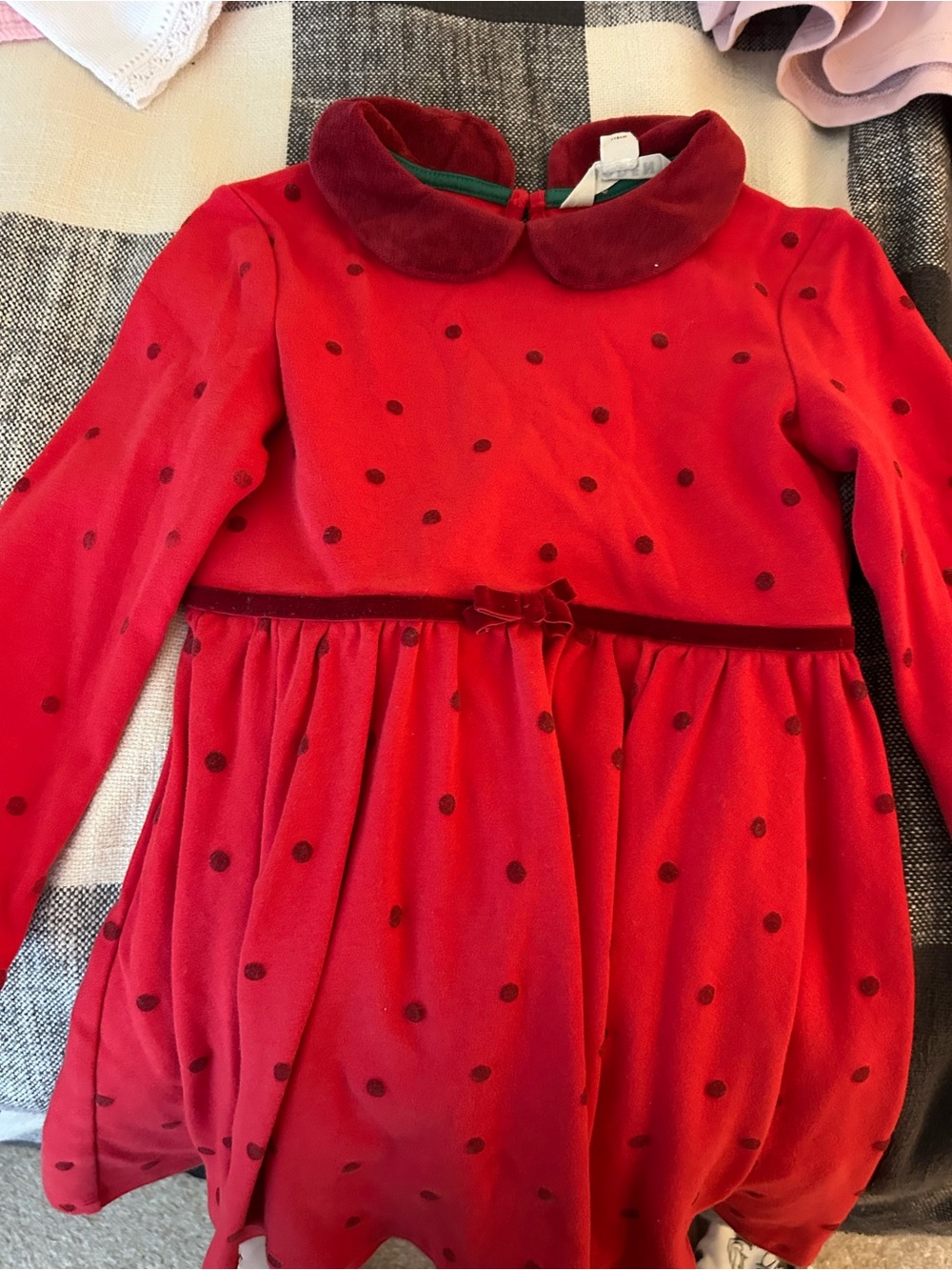 Mini Boden Red Velvet Dot Dress with Peter Pan Collar